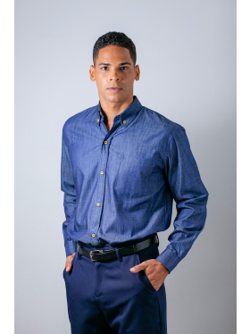 Camisa Social Jeans Masculina Manga Longa